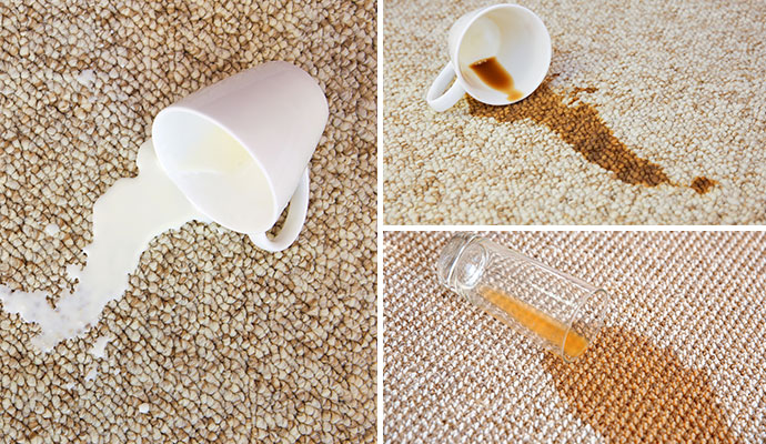 Collage of milk, coffee, and juice spills on a light-colored carpet