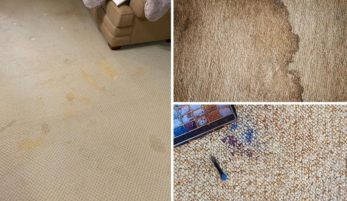 A collage showing pet stains, water damage, and makeup spills on residential carpeting