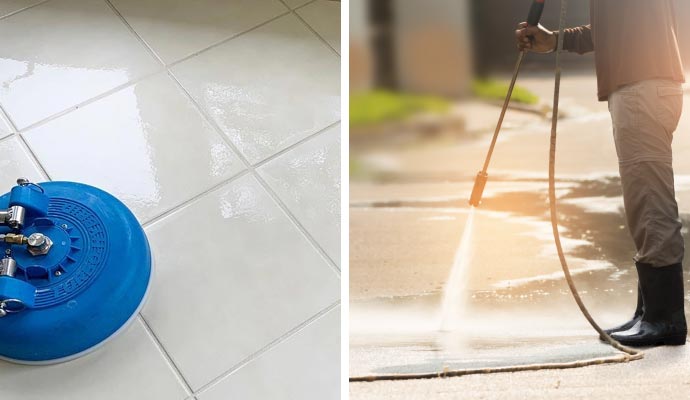 Collage of commercial floor cleaning and pressure washing