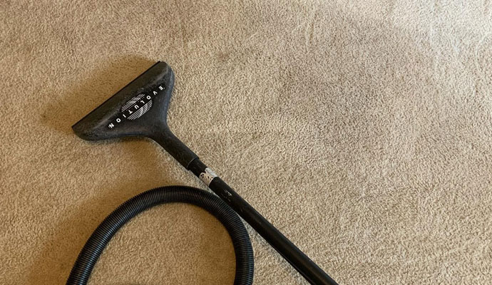 Professional carpet cleaning wand and hose resting on a beige carpet